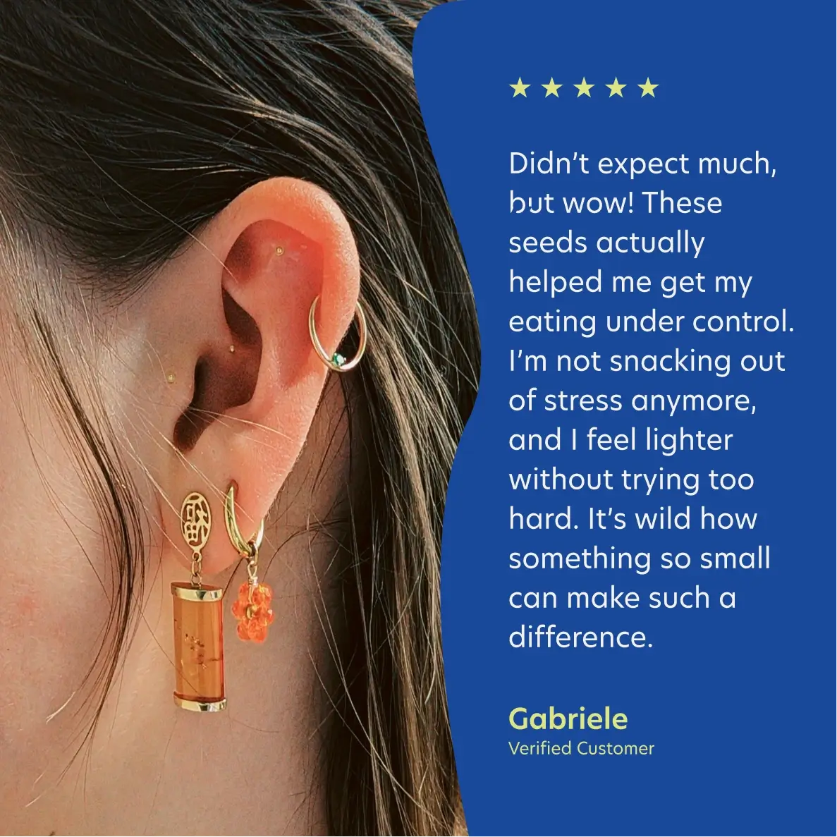 Close-up of an ear with earrings, featuring a five-star rating and customer review on a blue background.
