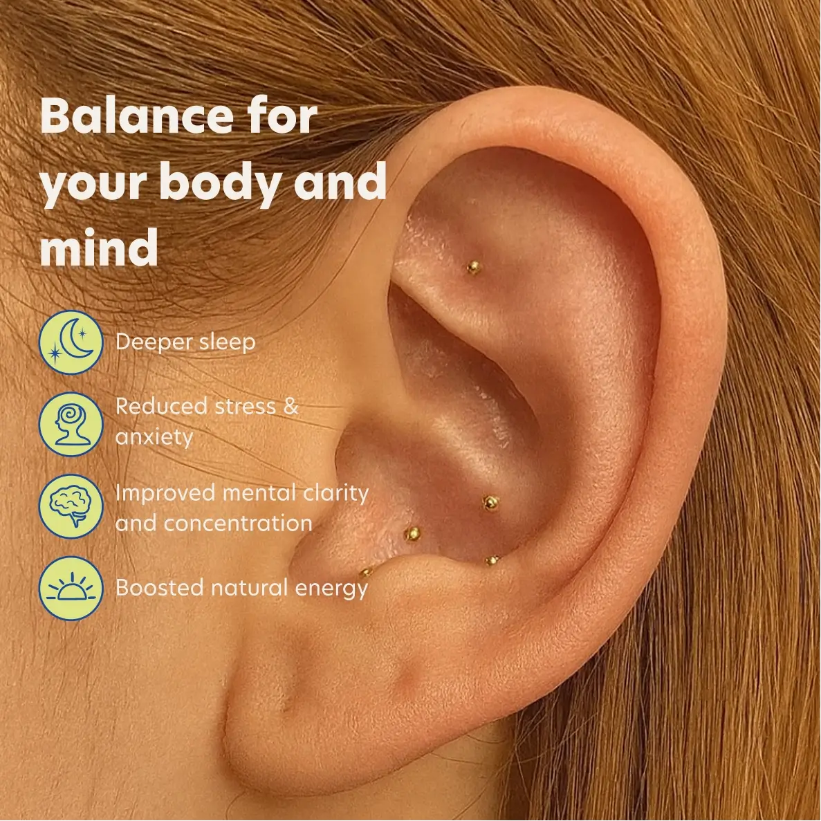 Close-up of an ear with acupuncture needles and text about health benefits on a brown background