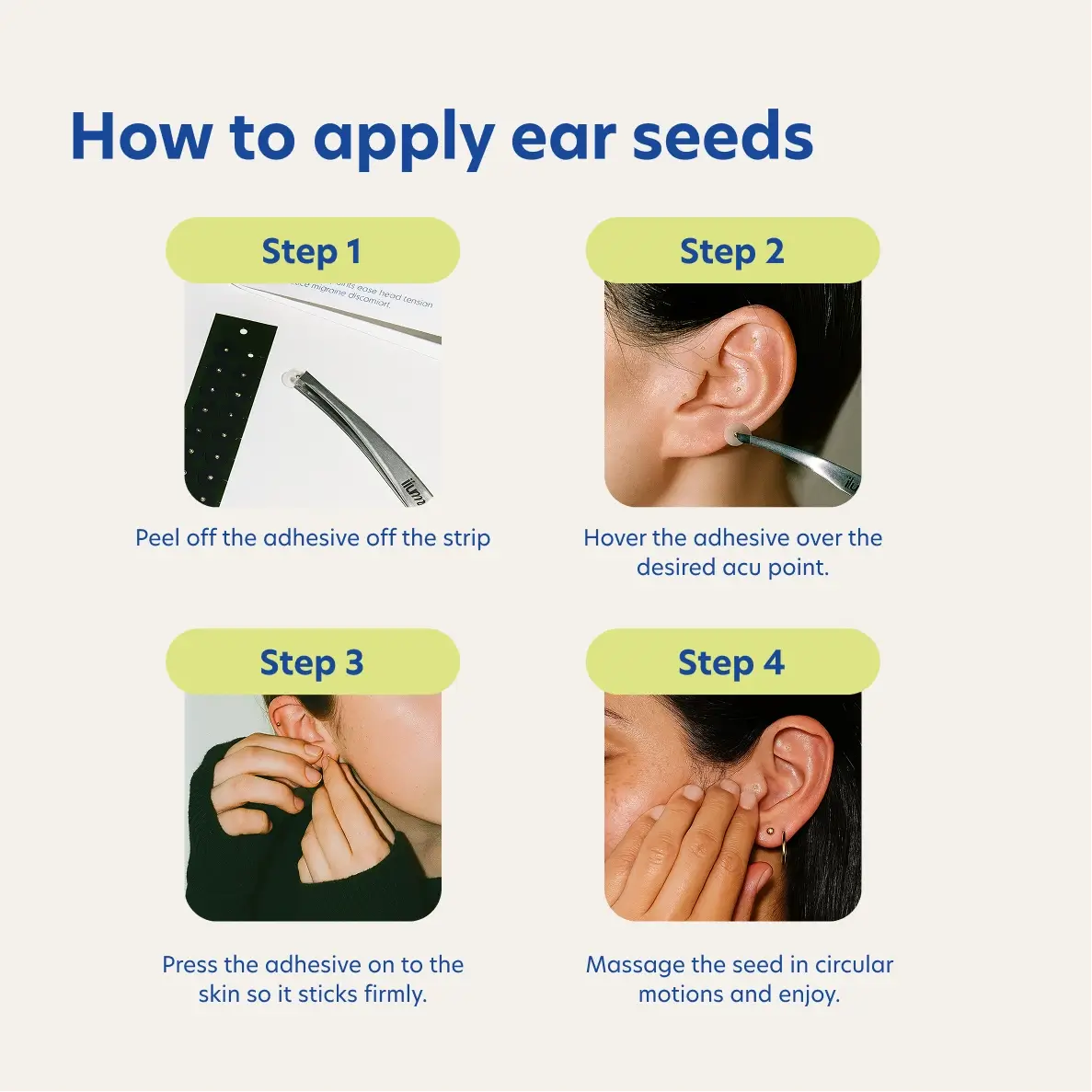 Step-by-step guide on how to apply ear seeds with images and text.