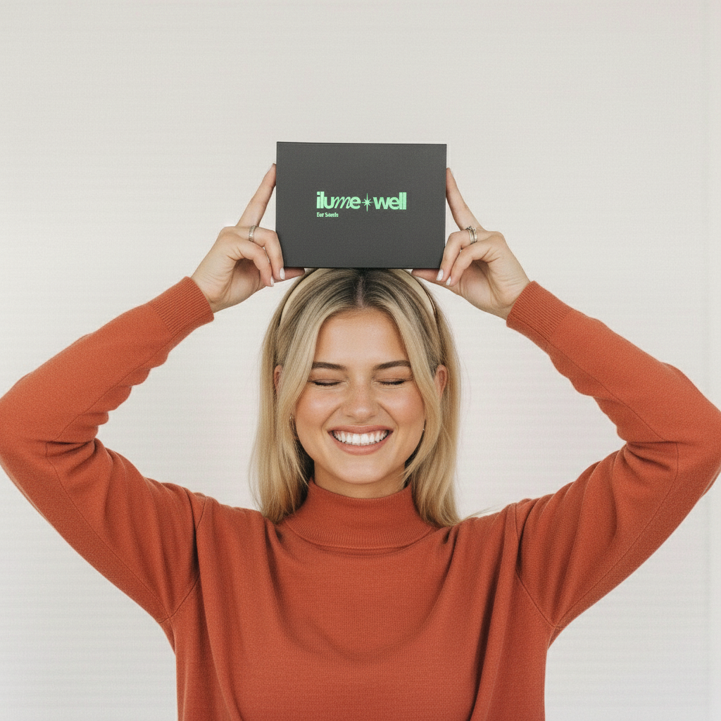 woman holding a box with 'ilumewelll' branding above their head against a plain background